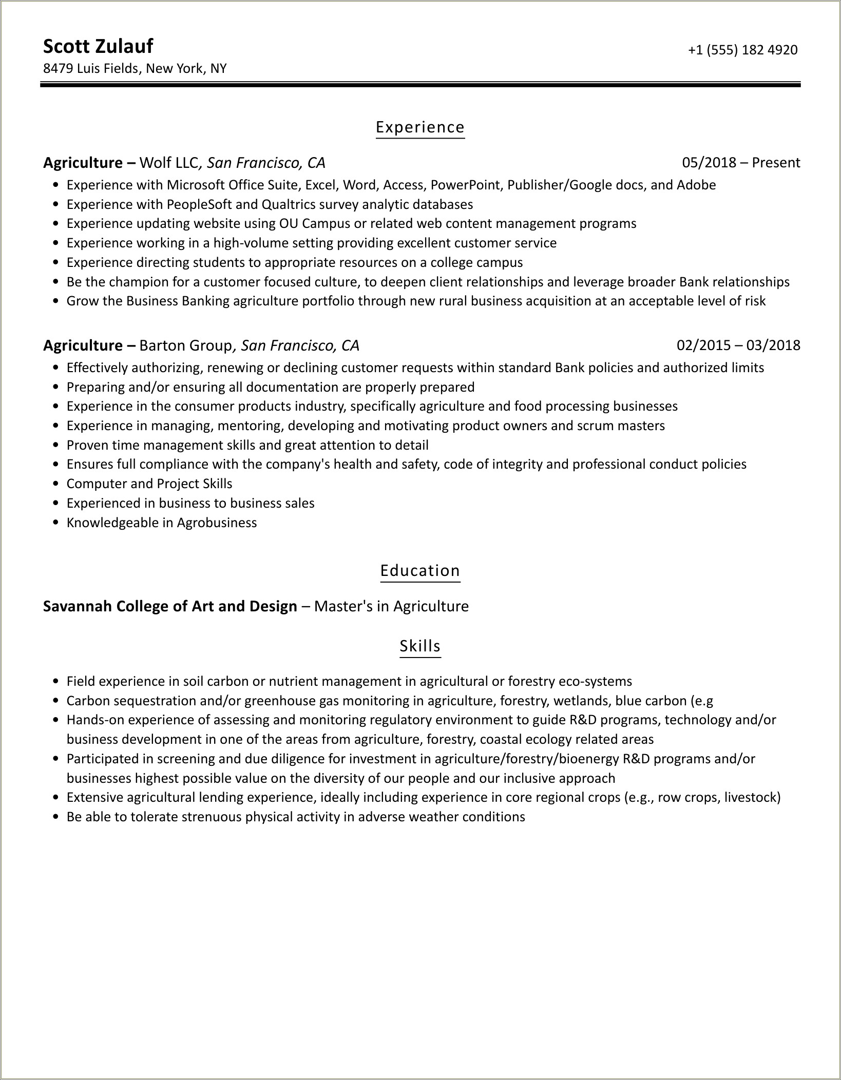 Sample Resume For Department Of Agriculture Jobs