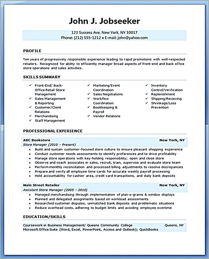 Sample Resume For Department Retail Manager