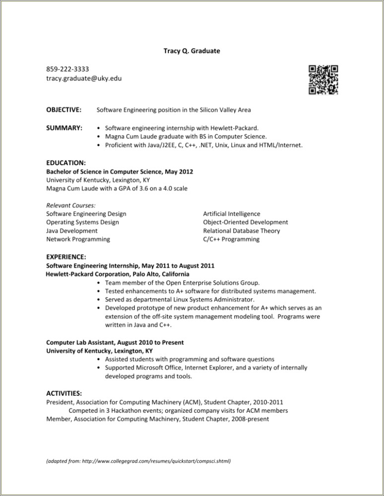 Sample Resume For Diploma In Computer Science