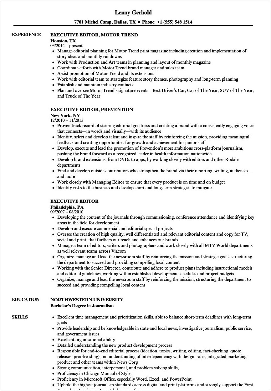 Sample Resume For Editor In Chief