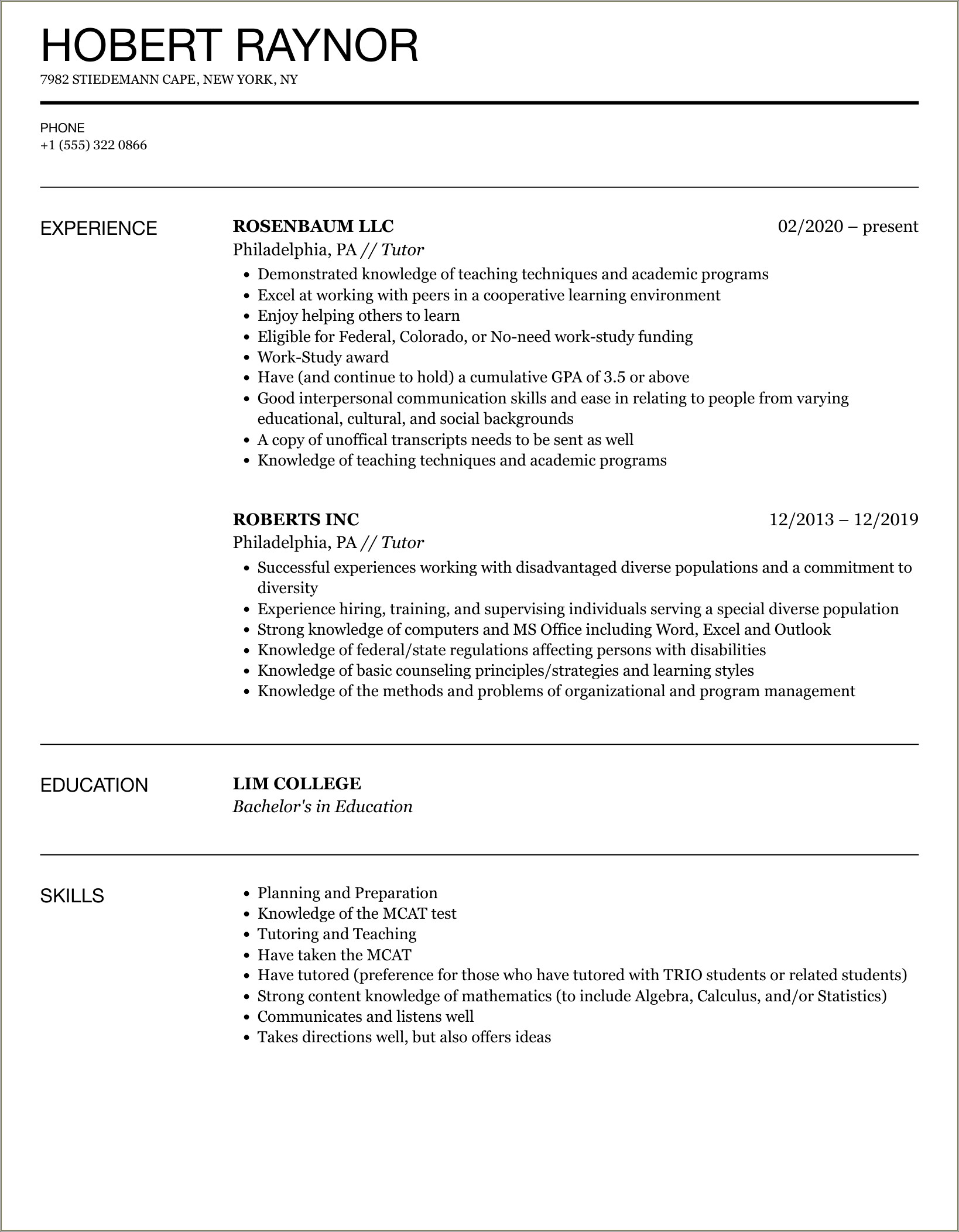 Sample Resume For Elementary School Tutor