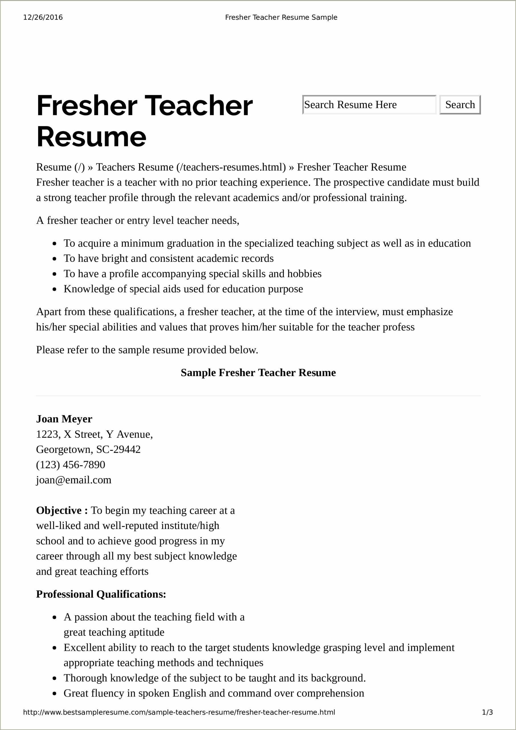 Sample Resume For English Teachers Without Experience