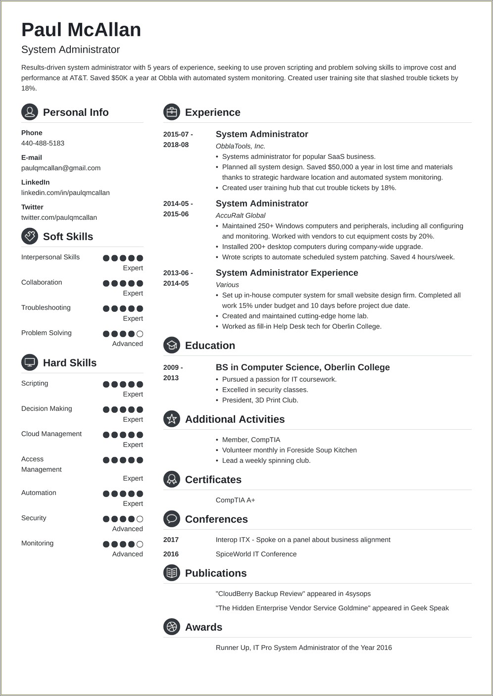 Sample Resume For Entry Level System Administrator