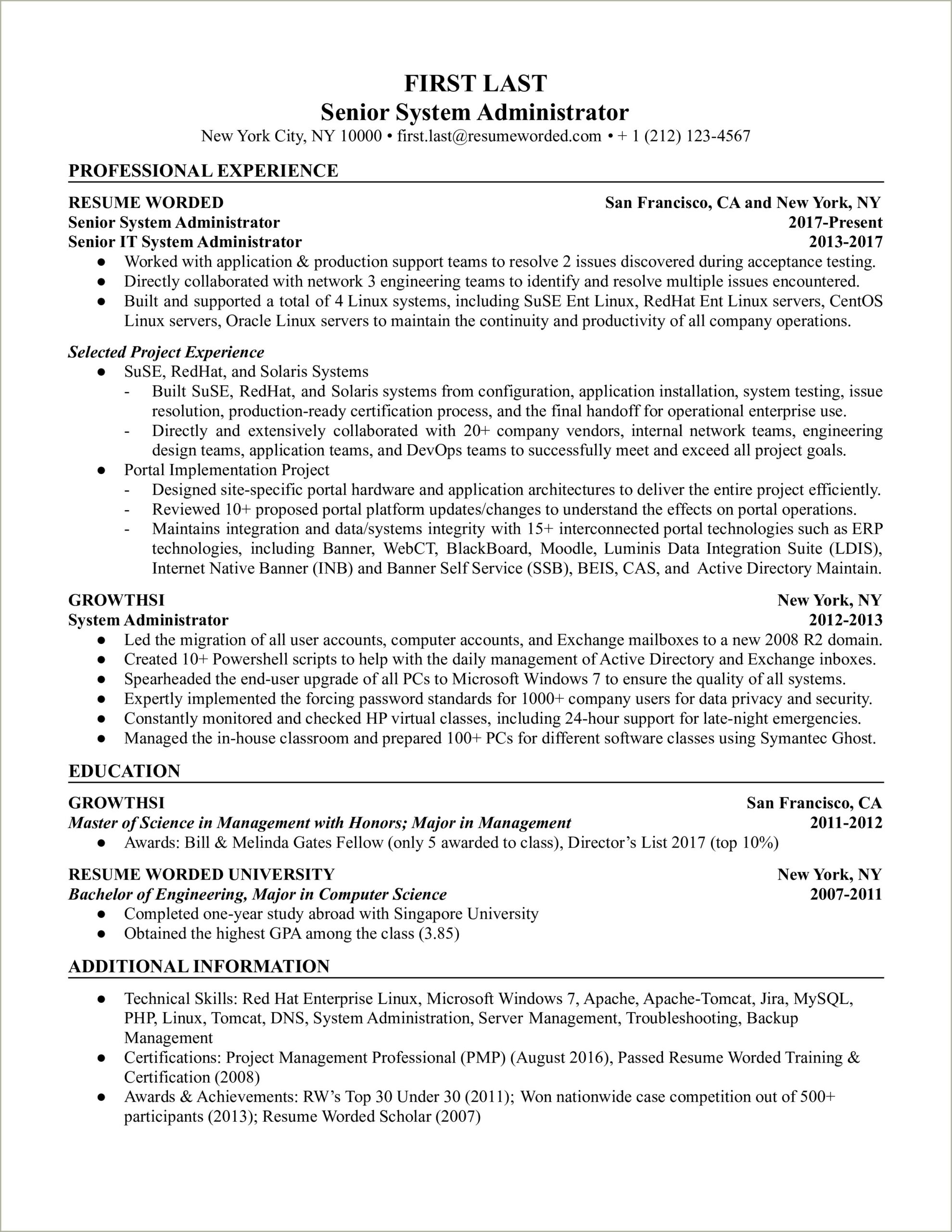 Sample Resume For Experienced Linux System Administrator