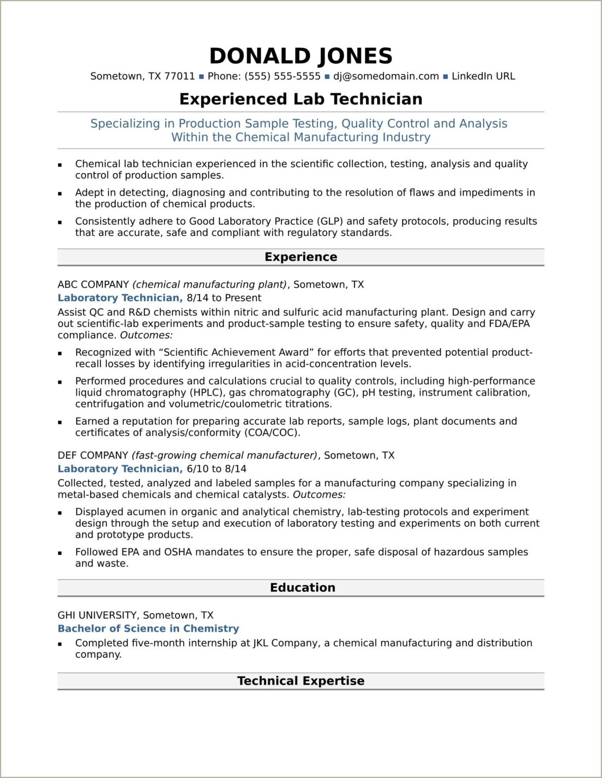 Sample Resume For Experienced Medical Lab Technician