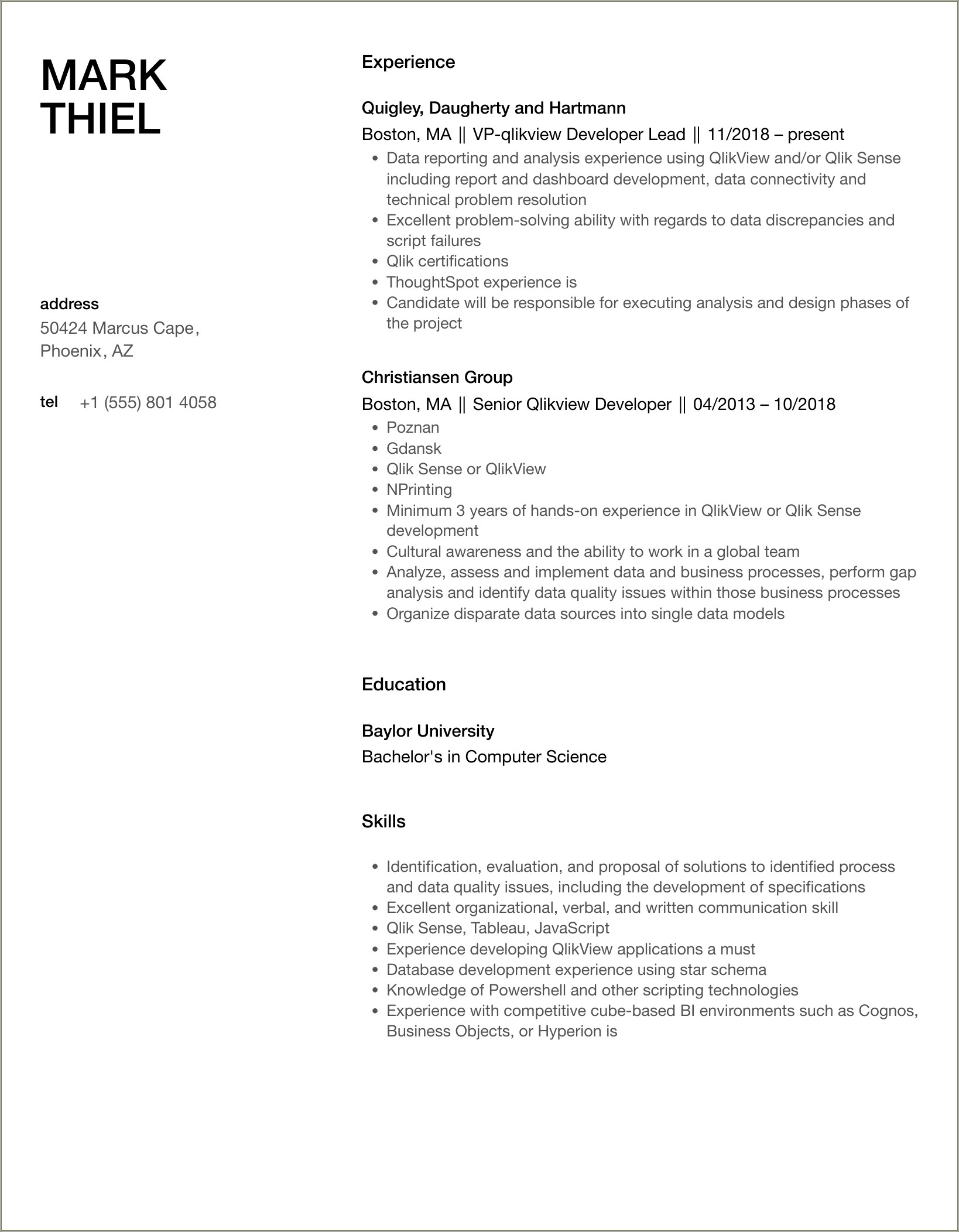 Sample Resume For Experienced Qlikview Developer