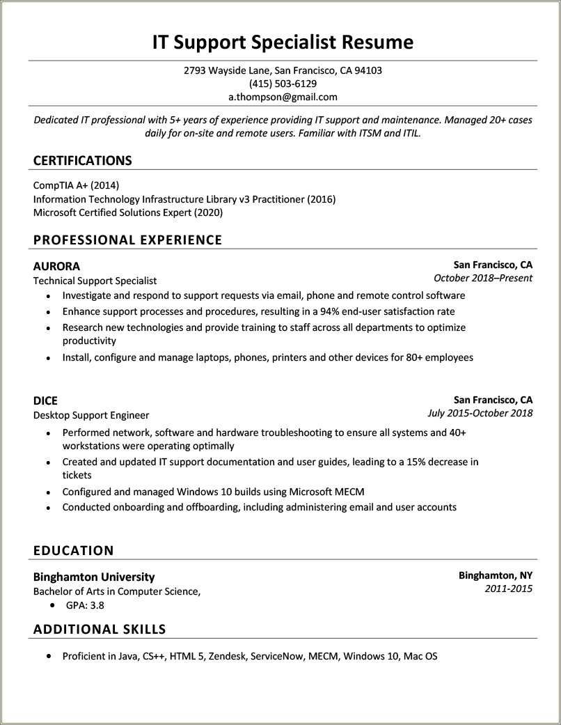 Sample Resume For Experienced Technical Support Engineer