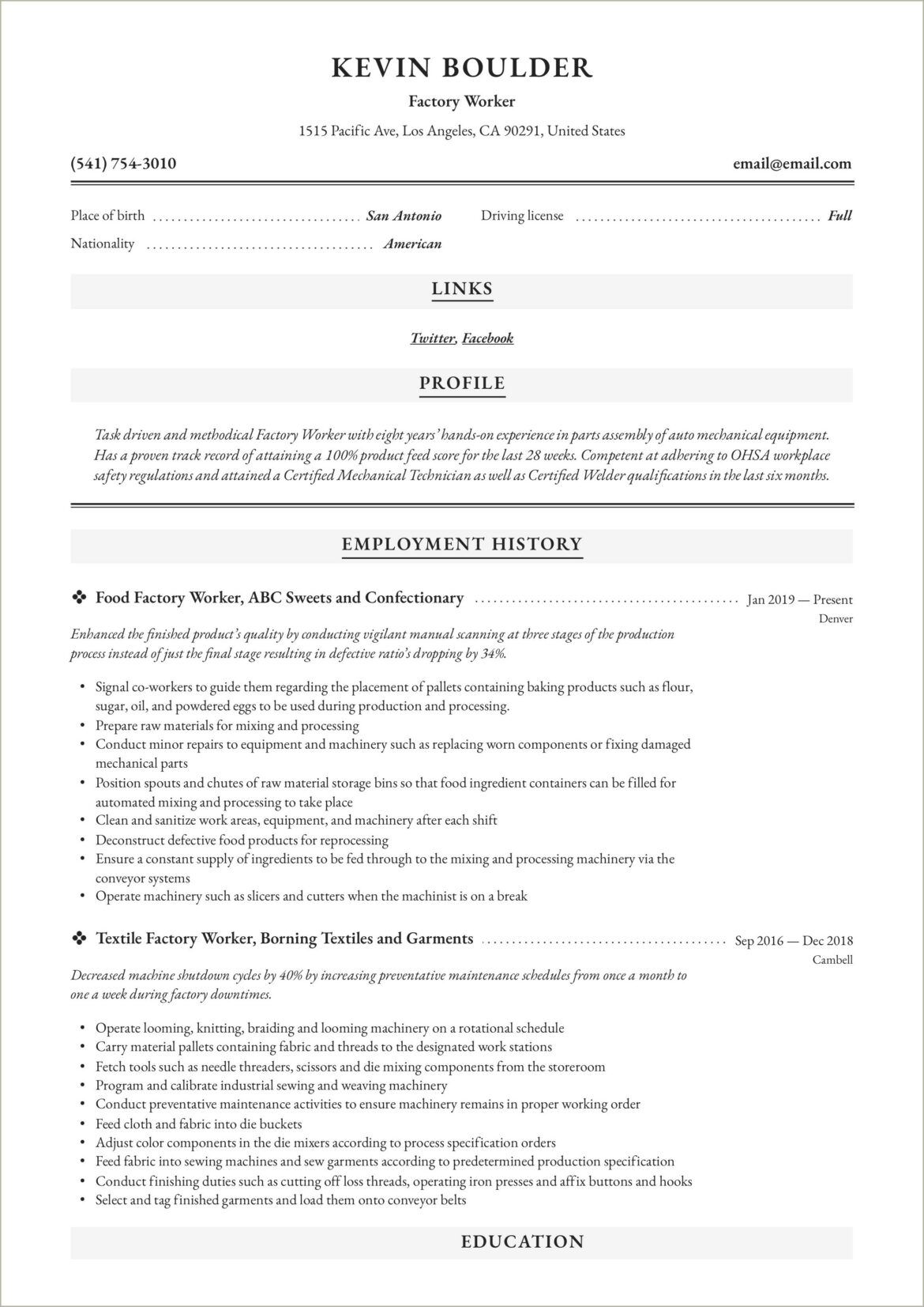 Sample Resume For Factory Worker Abroad