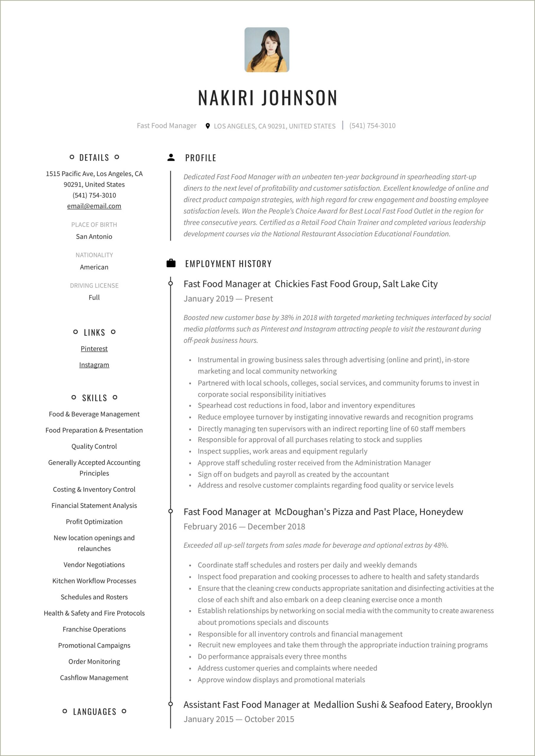 Sample Resume For Fast Food Cook