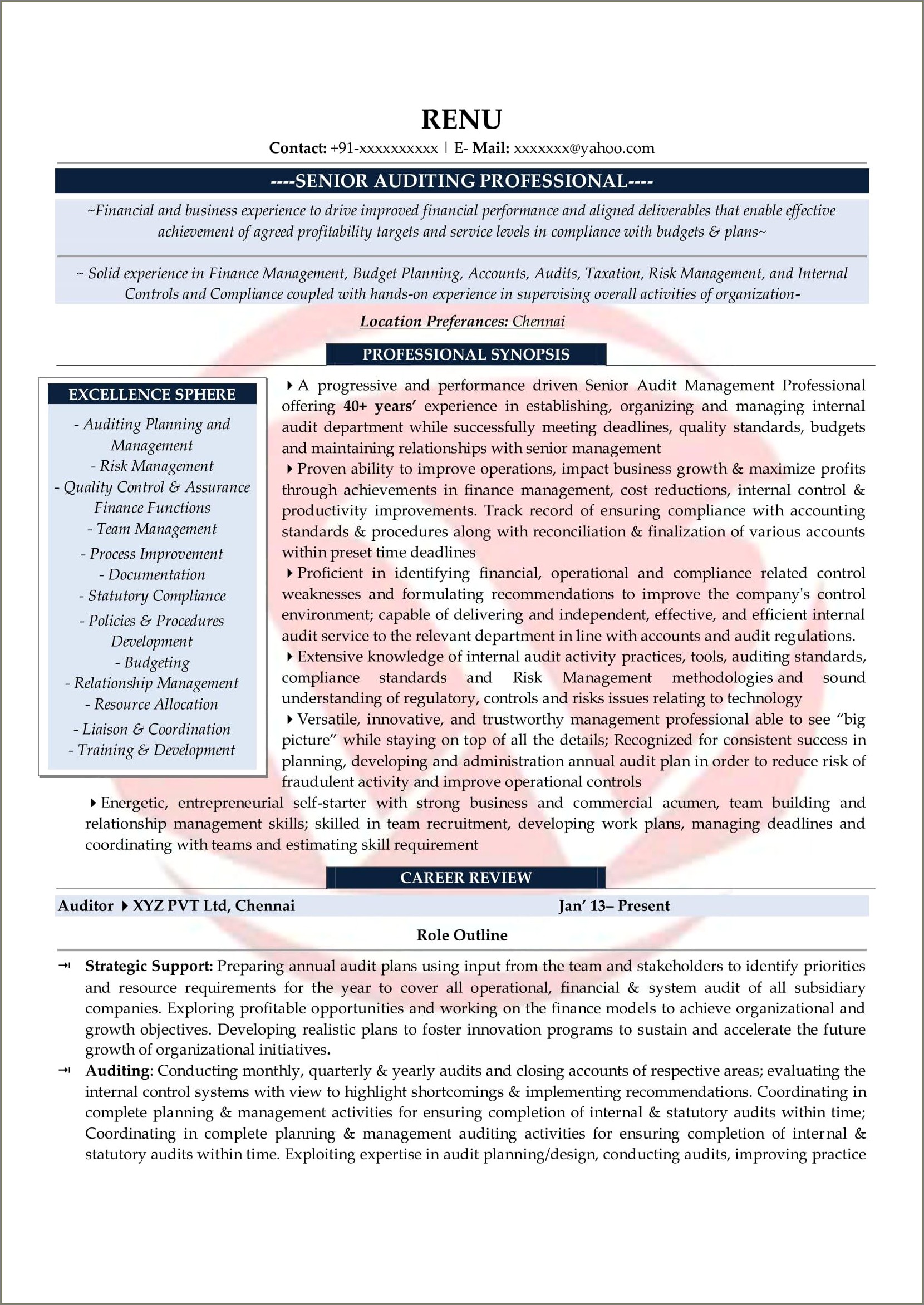 Sample Resume For Finacial Compliance Auditor