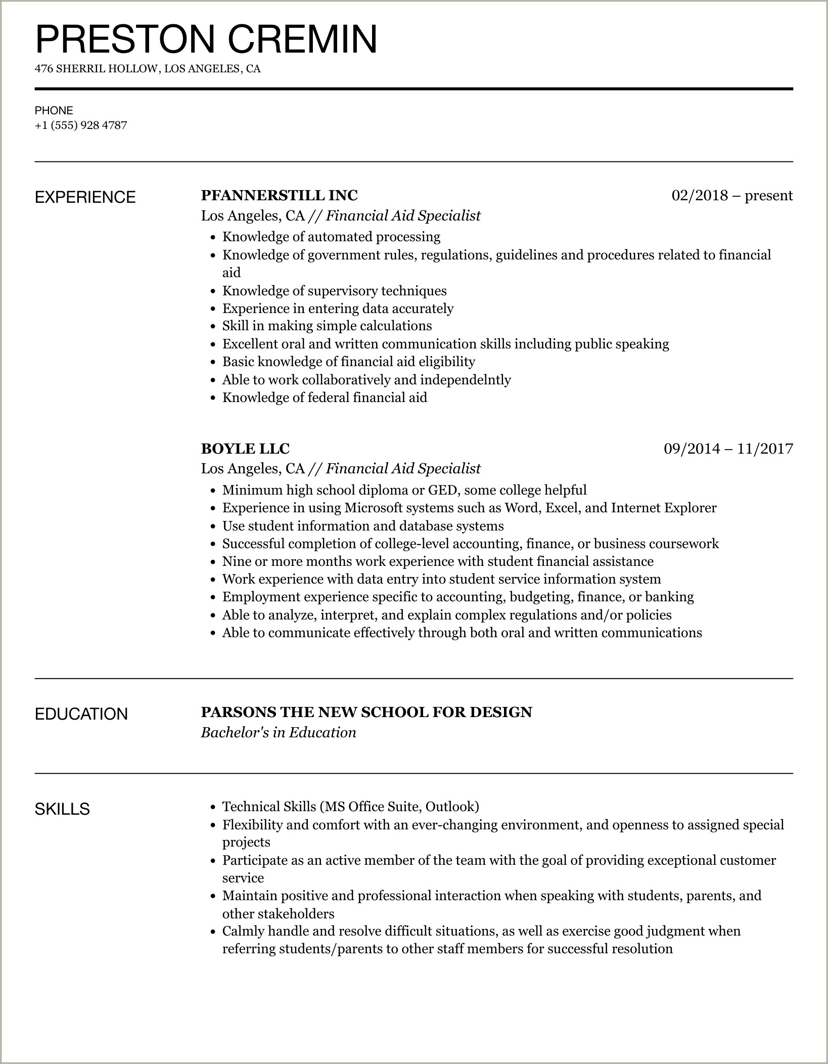 Sample Resume For Financial Aid Officer