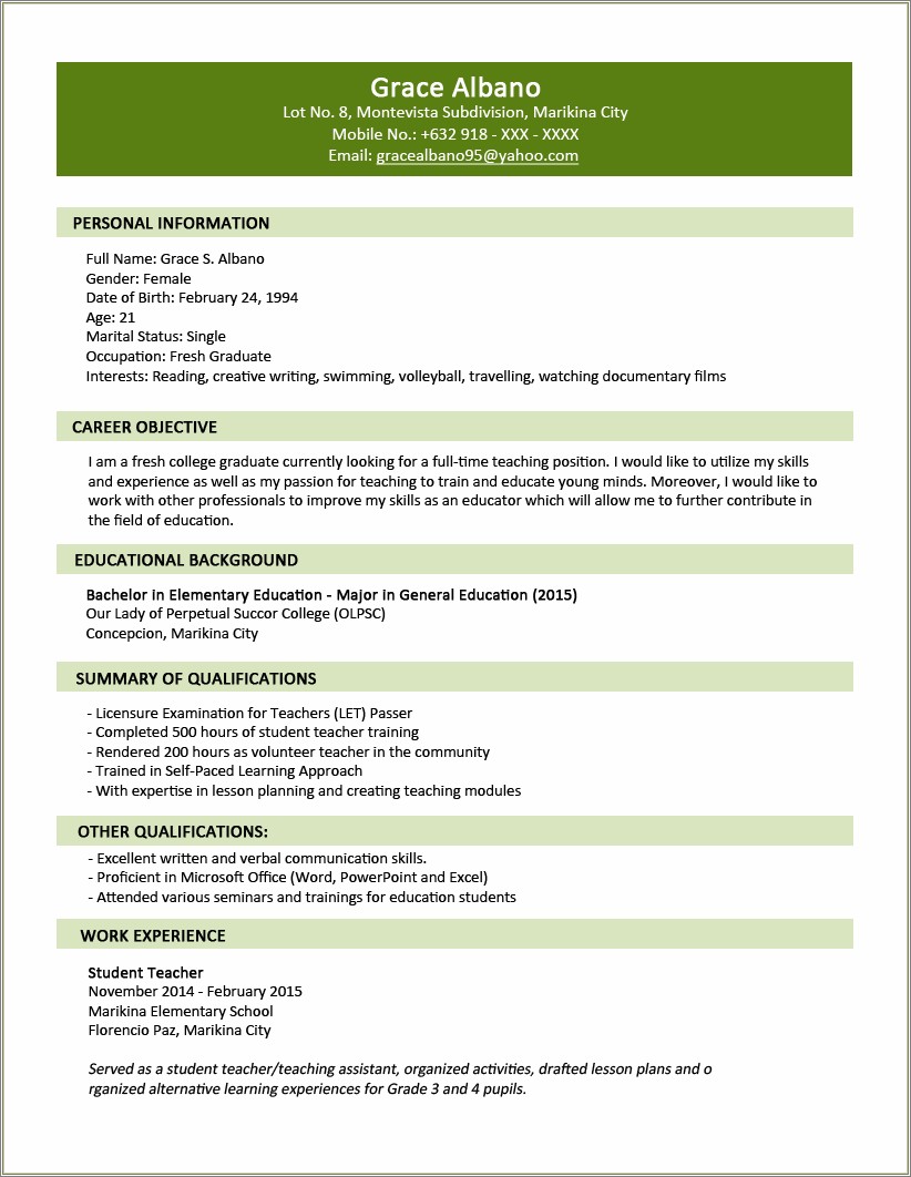 Sample Resume For Financial Management Fresh Graduate