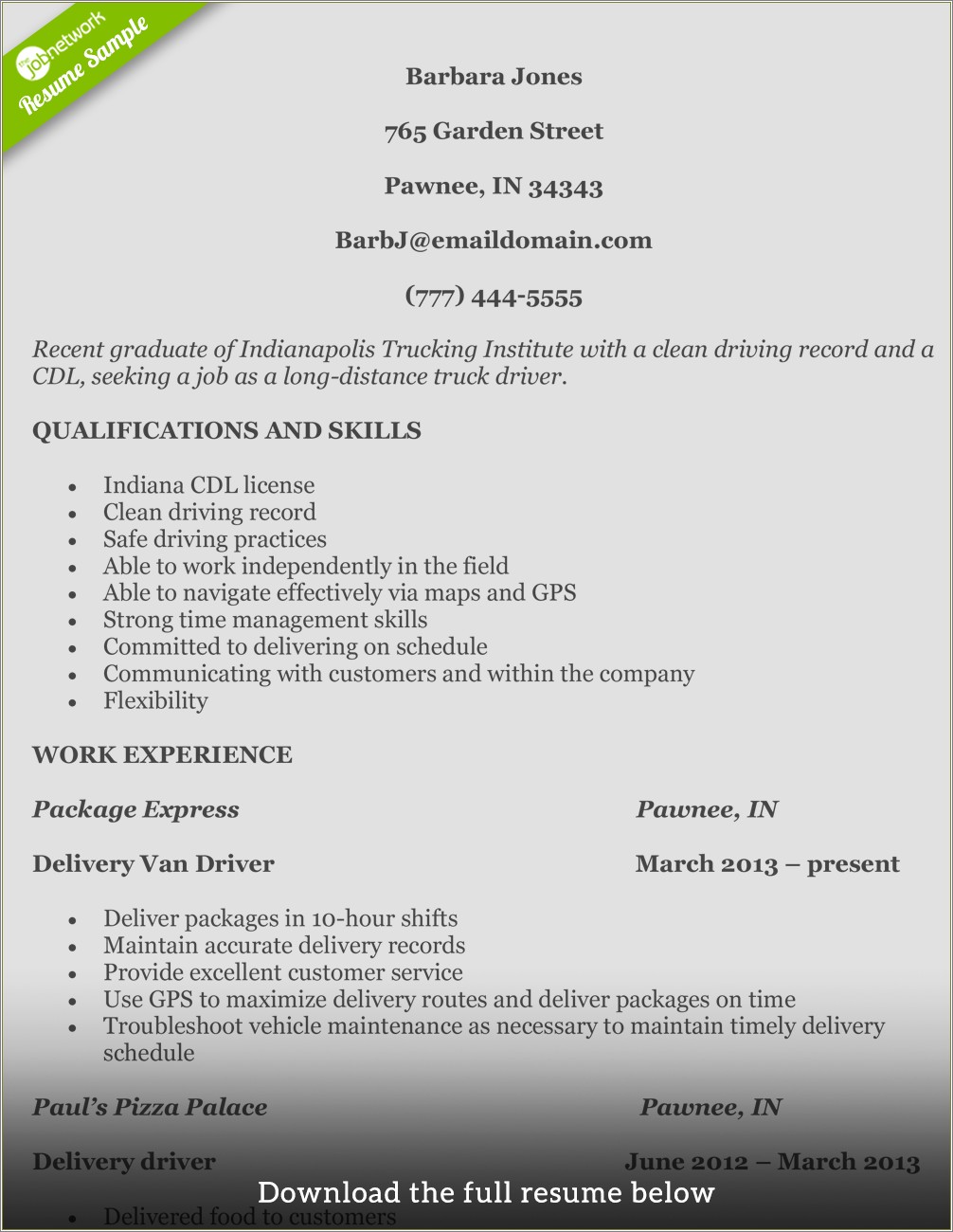 Sample Resume For Food Delivery Driver