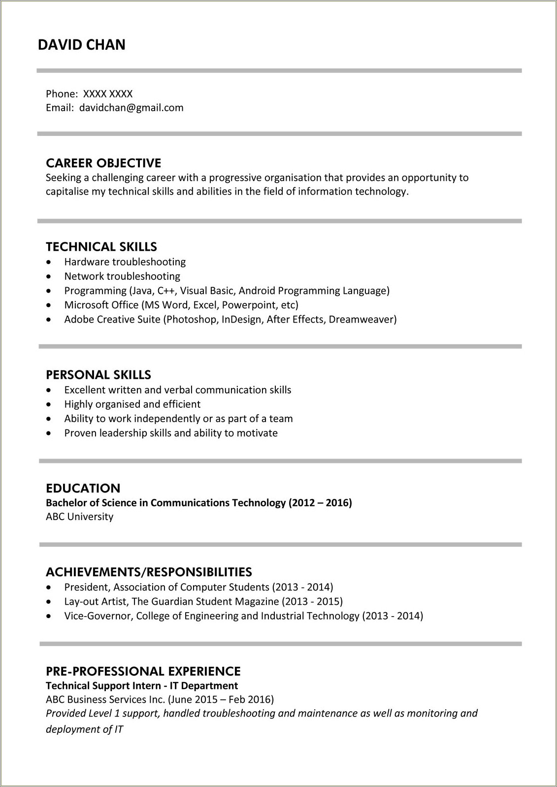 Sample Resume For Fresh Graduate Of Information Technology