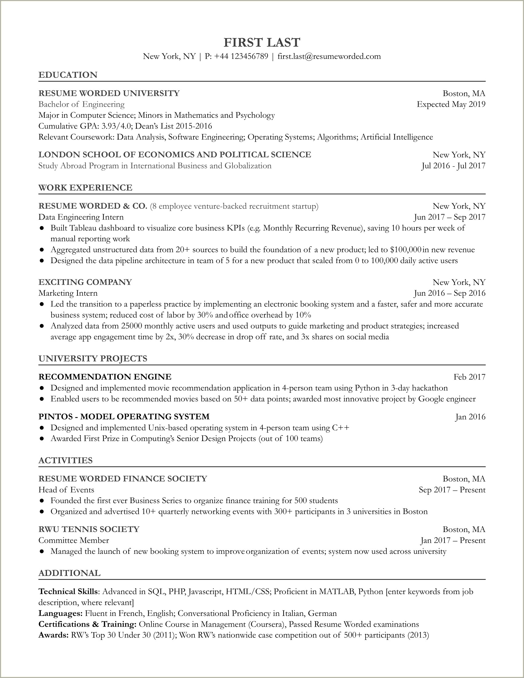 Sample Resume For Freshers Engineers Computer Science Doc