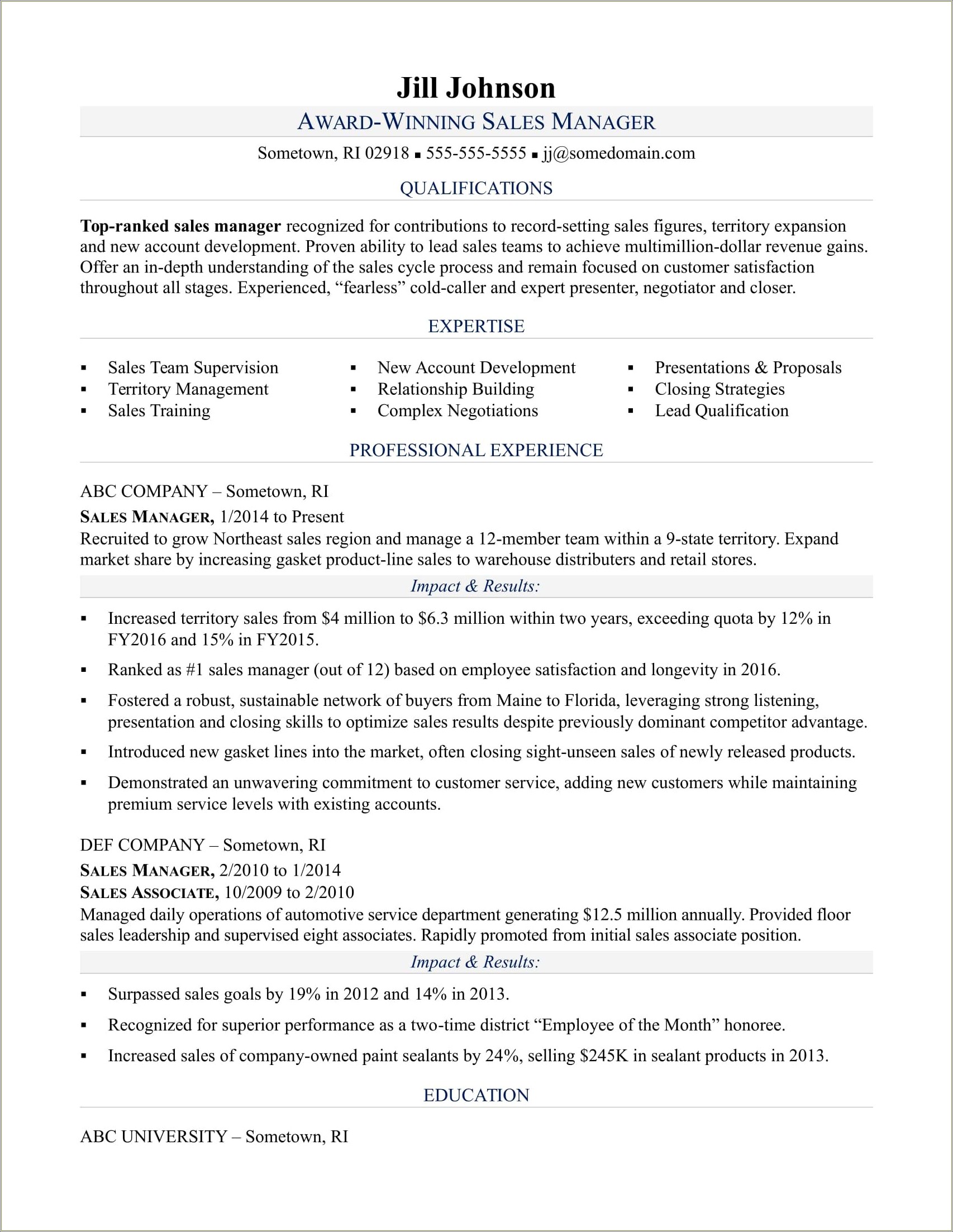 Sample Resume For Head Of Department