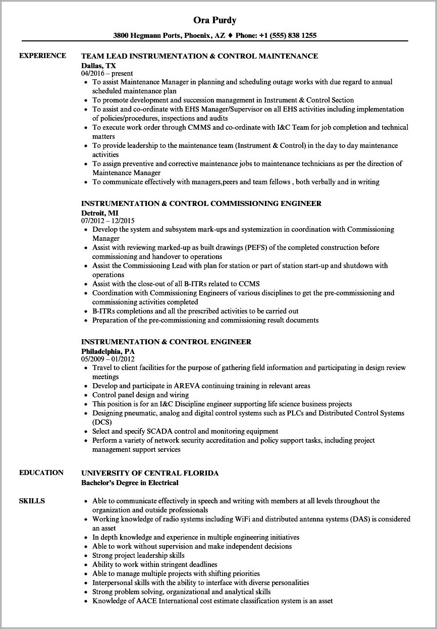 Sample Resume For Instrumentation And Control Technician