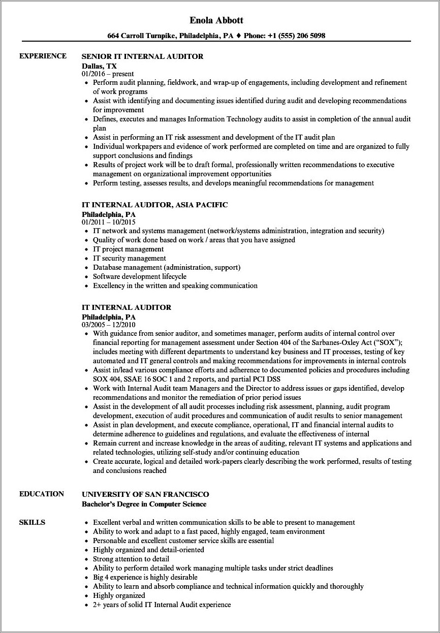 Sample Resume For Internal Auditor In India