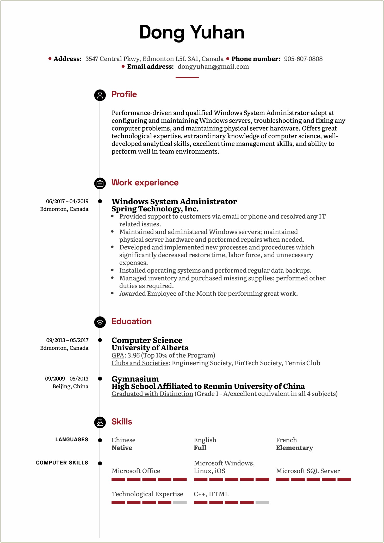 Sample Resume For Linux System Administrator Tech