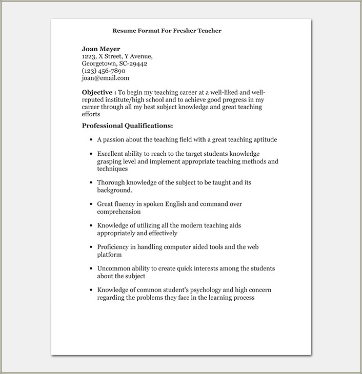 Sample Resume For Maths Teachers Freshers
