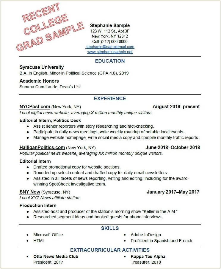 Sample Resume For New College Graduate