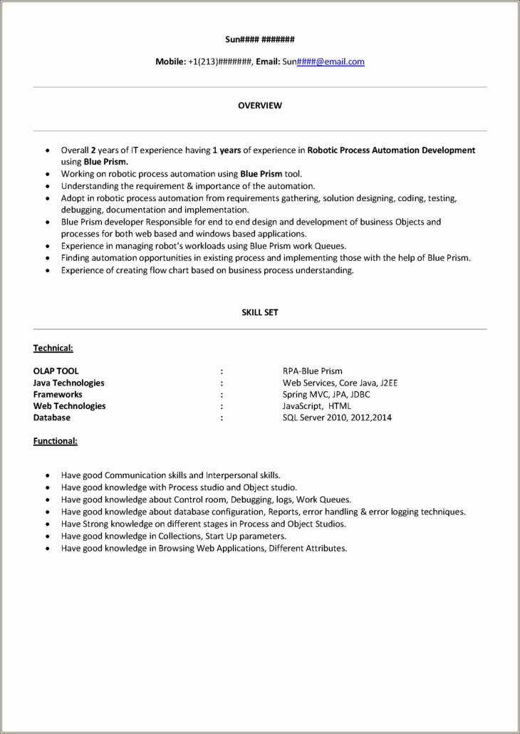 Sample Resume For Robotic Process Automation